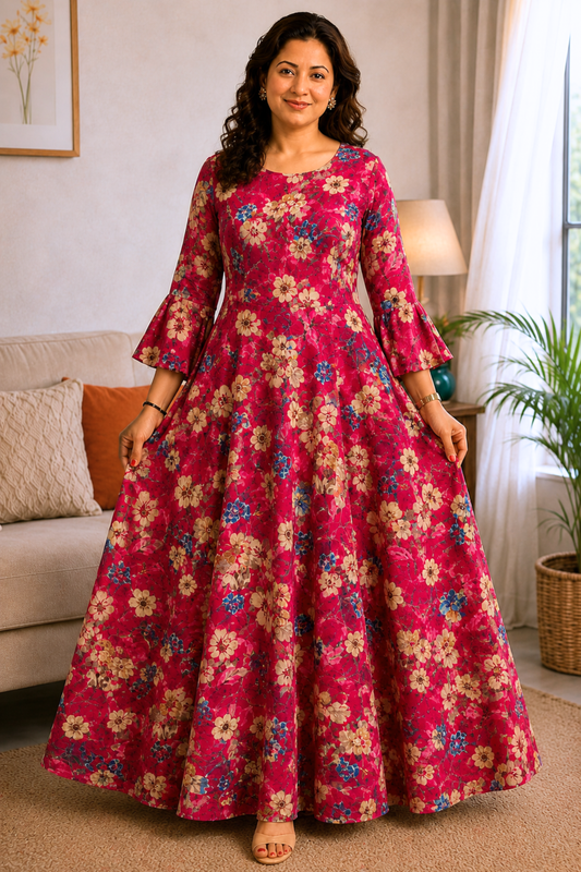 Crimson Jardin Foiled Rayon Dress With Pockets
