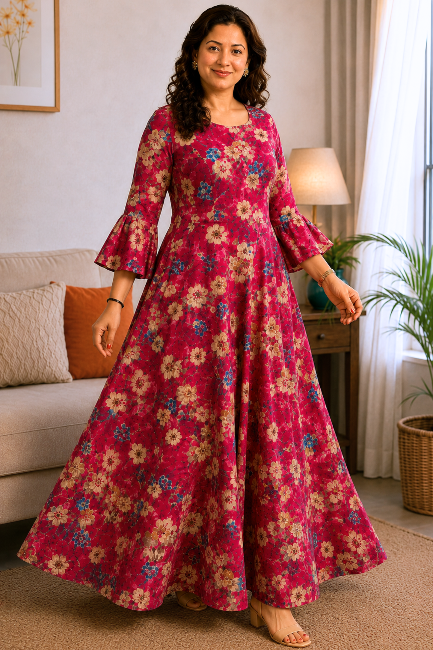 Crimson Jardin Foiled Rayon Dress With Pockets
