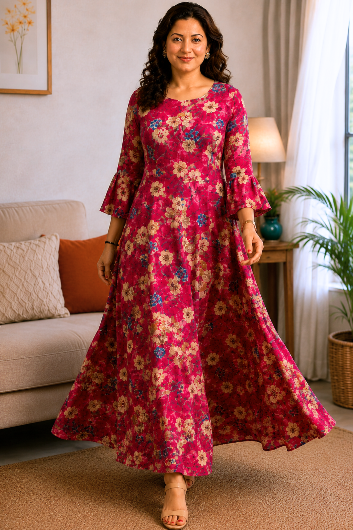 Crimson Jardin Foiled Rayon Dress With Pockets