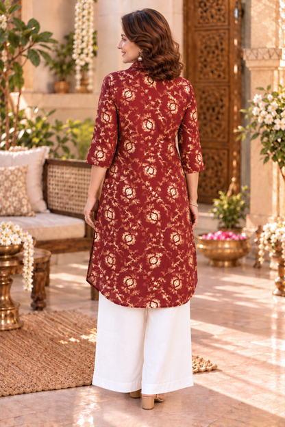 Crimson Rose Foiled Kurta With Pockets