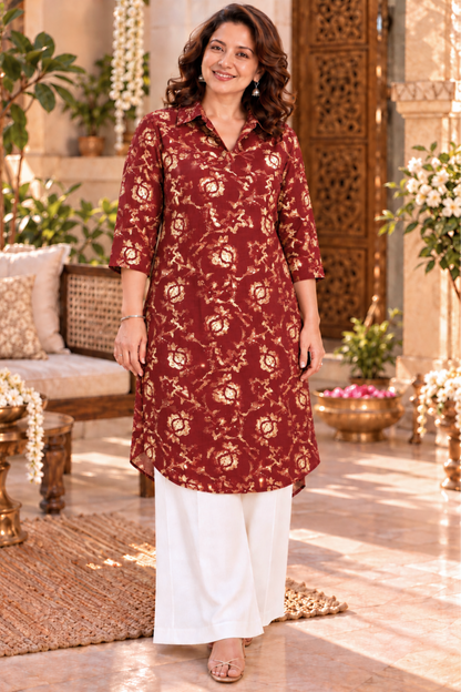Crimson Rose Foiled Kurta With Pockets