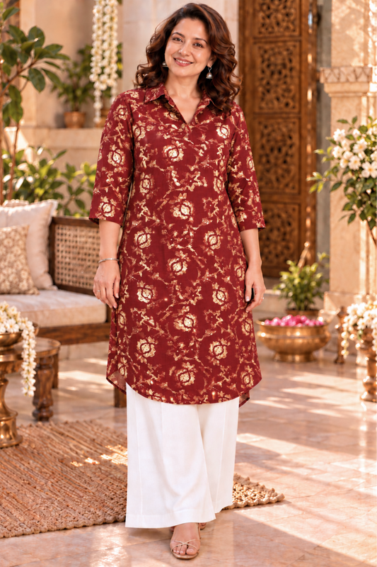 Crimson Rose Foiled Kurta With Pockets