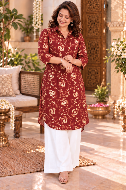 Crimson Rose Foiled Kurta With Pockets