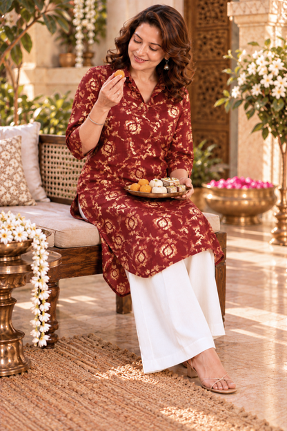 Crimson Rose Foiled Kurta With Pockets