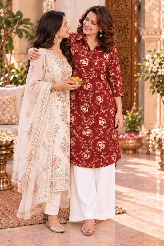 Crimson Rose Foiled Kurta With Pockets