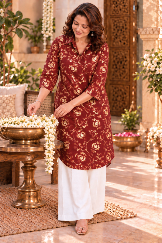 Crimson Rose Foiled Kurta With Pockets