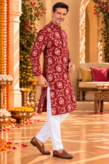 Crimson Rose Foiled Rayon Kurta