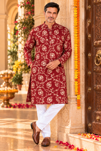 Crimson Rose Foiled Rayon Kurta