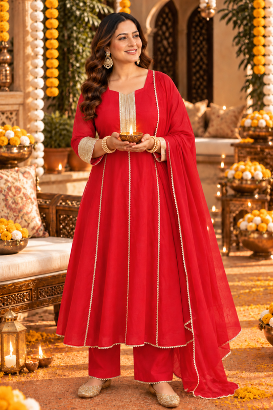 Crimson Zari Silk Anarkali Set