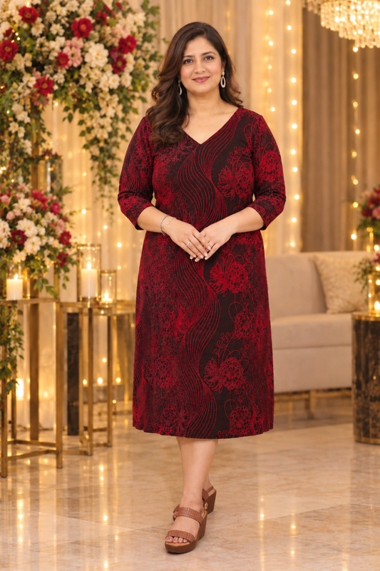 Crimson Dusk Cocktail Calf Dress