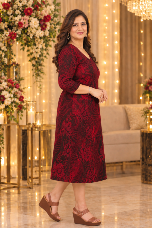 Crimson Dusk Cocktail Calf Dress