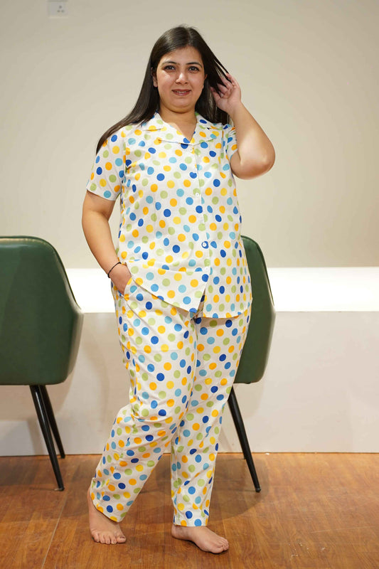 Buy Plus Size ​Sky Polka Cotton Night Suit At Apella | Sizes XS to 10 XL | India | Free Delivery | Customized