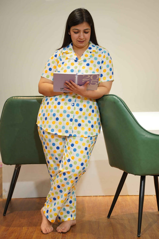 Buy Plus Size ​Sky Polka Cotton Night Suit At Apella | Sizes XS to 10 XL | India | Free Delivery | Customized