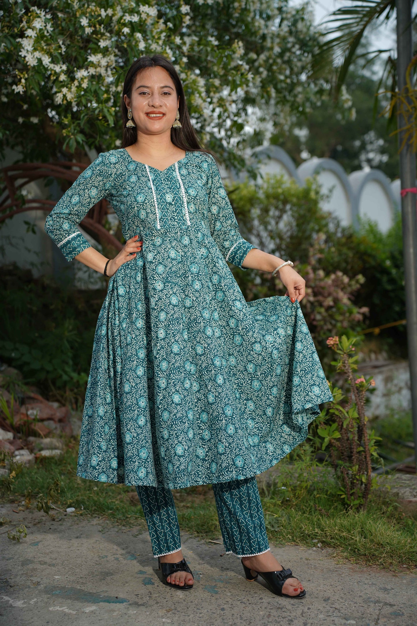 Peacock Blue Jaal Print Suit Set