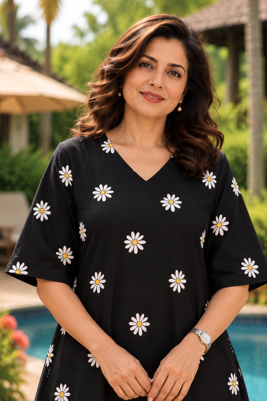 Daisy Noir Printed Dress With Pockets
