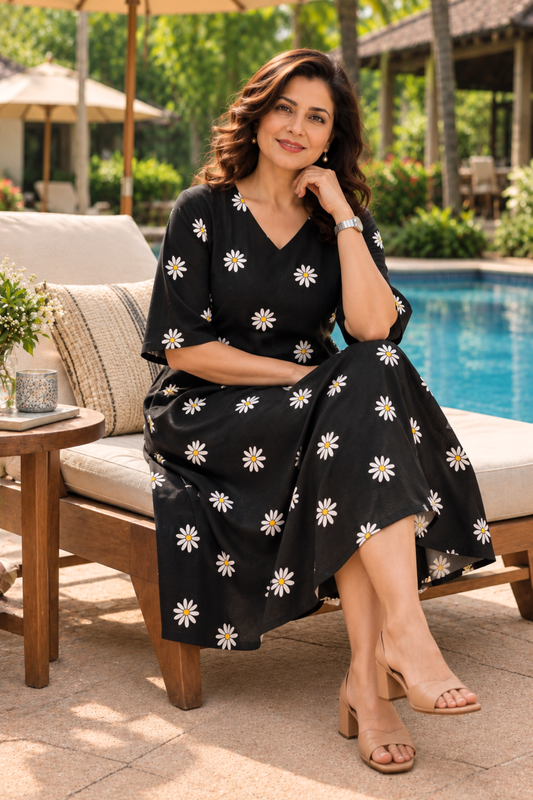 Daisy Noir Printed Dress With Pockets