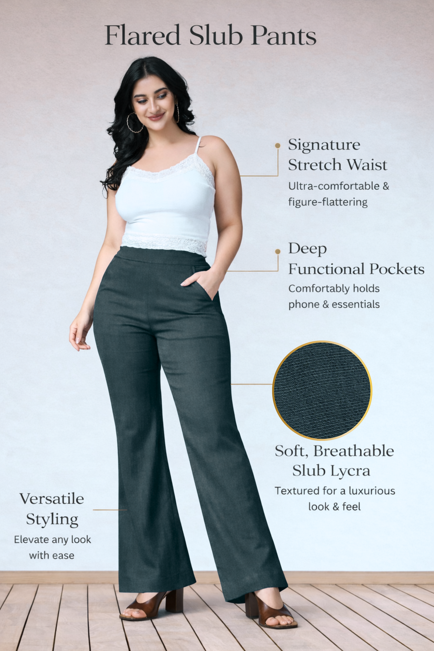 Dark Grey Flared Slub Pants