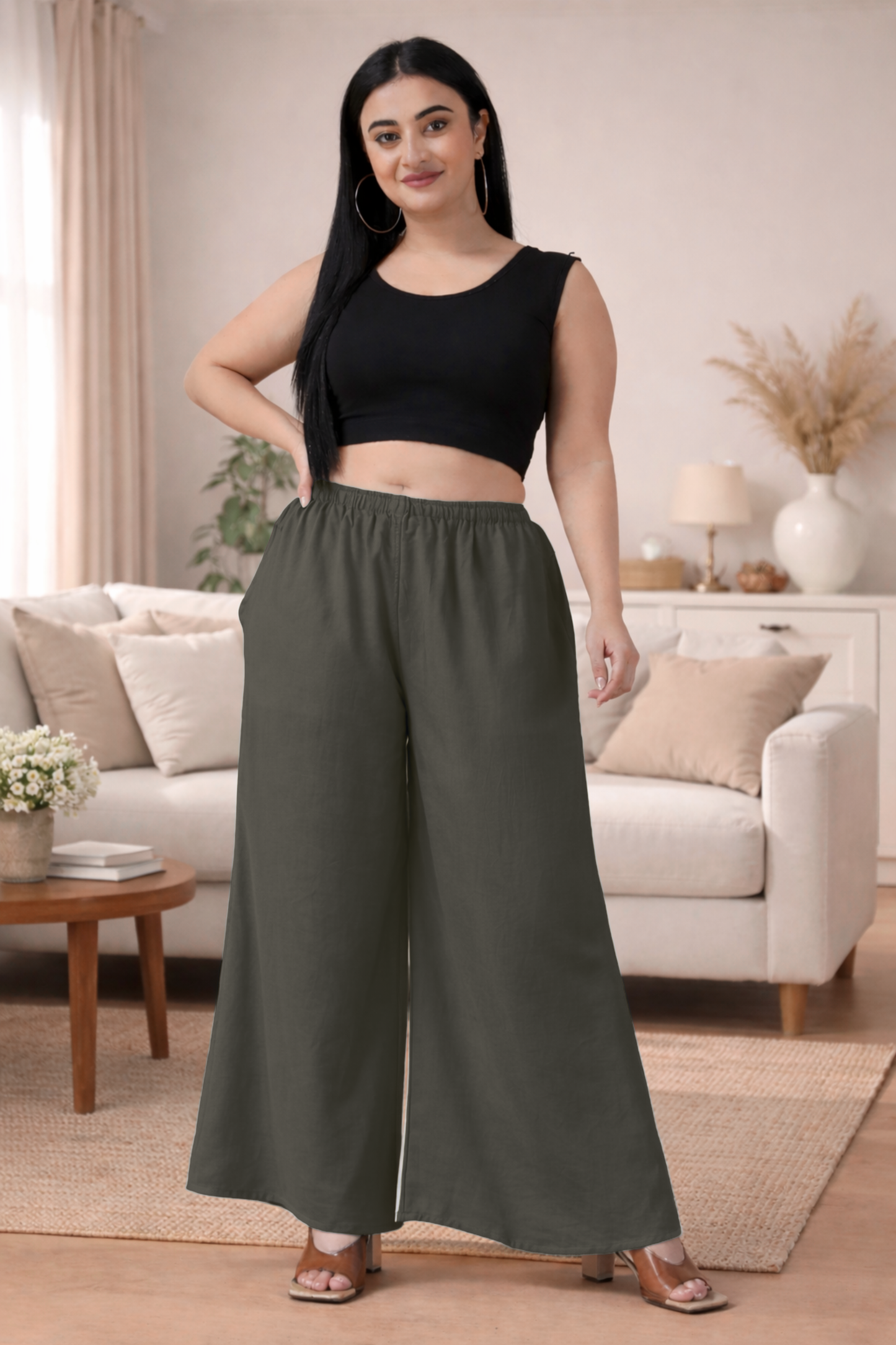 Dark Grey Rayon Loose Palazzo