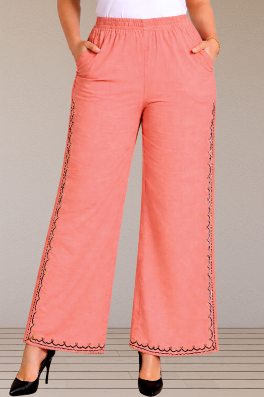 Dark Peach Embroidered Cotton Palazzo
