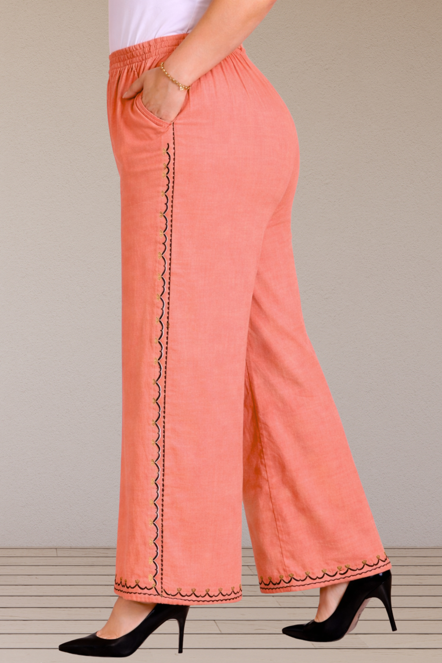 Dark Peach Embroidered Cotton Palazzo