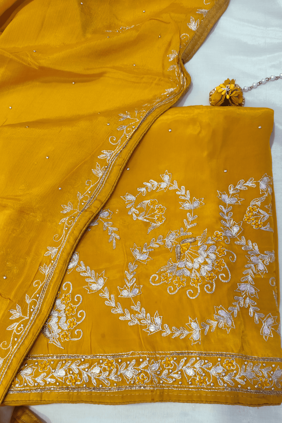 Mustard Gota Patti Unstitched Crepe Suit