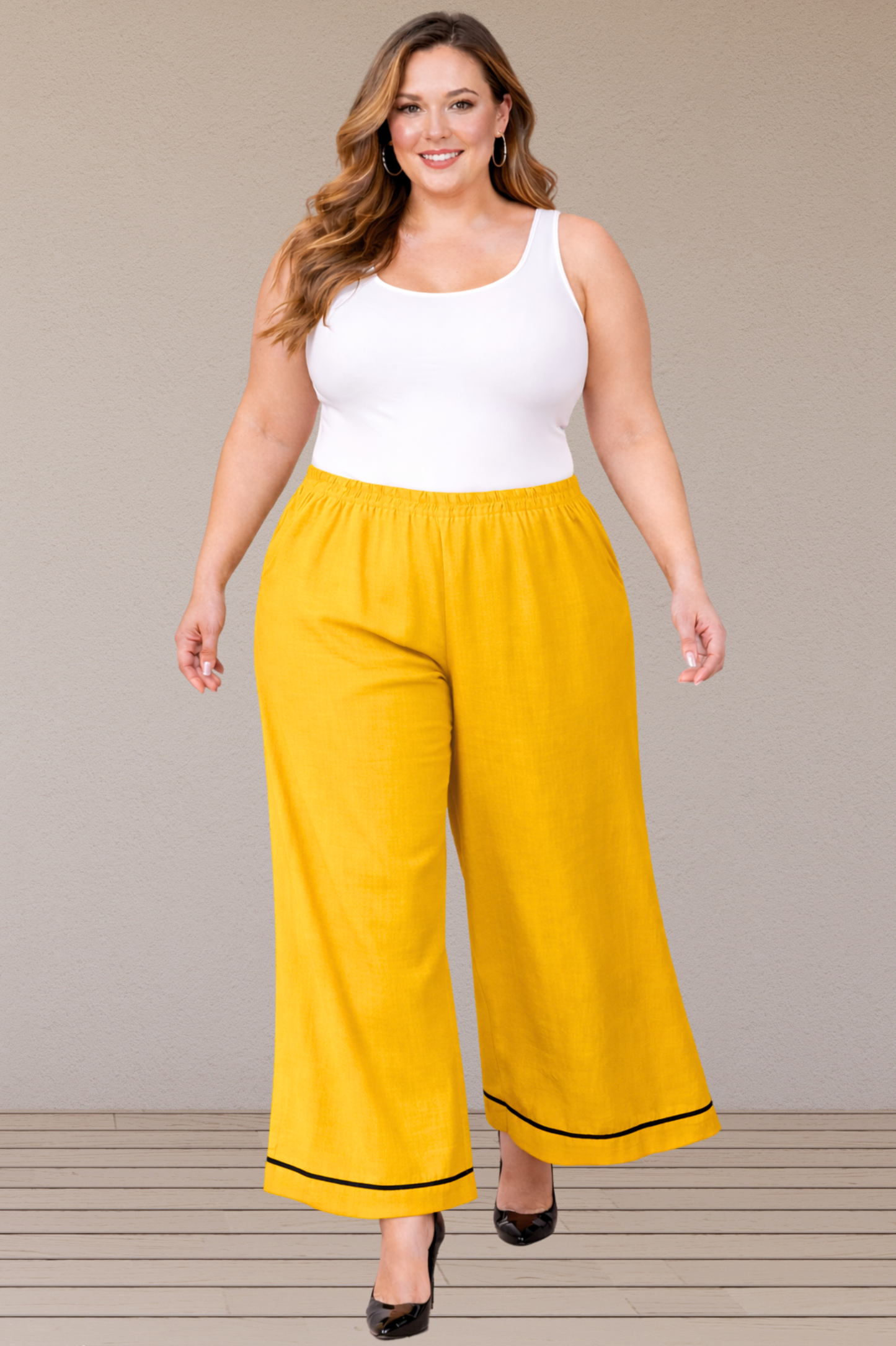 Detailed Hemline Yellow Rayon Palazzo