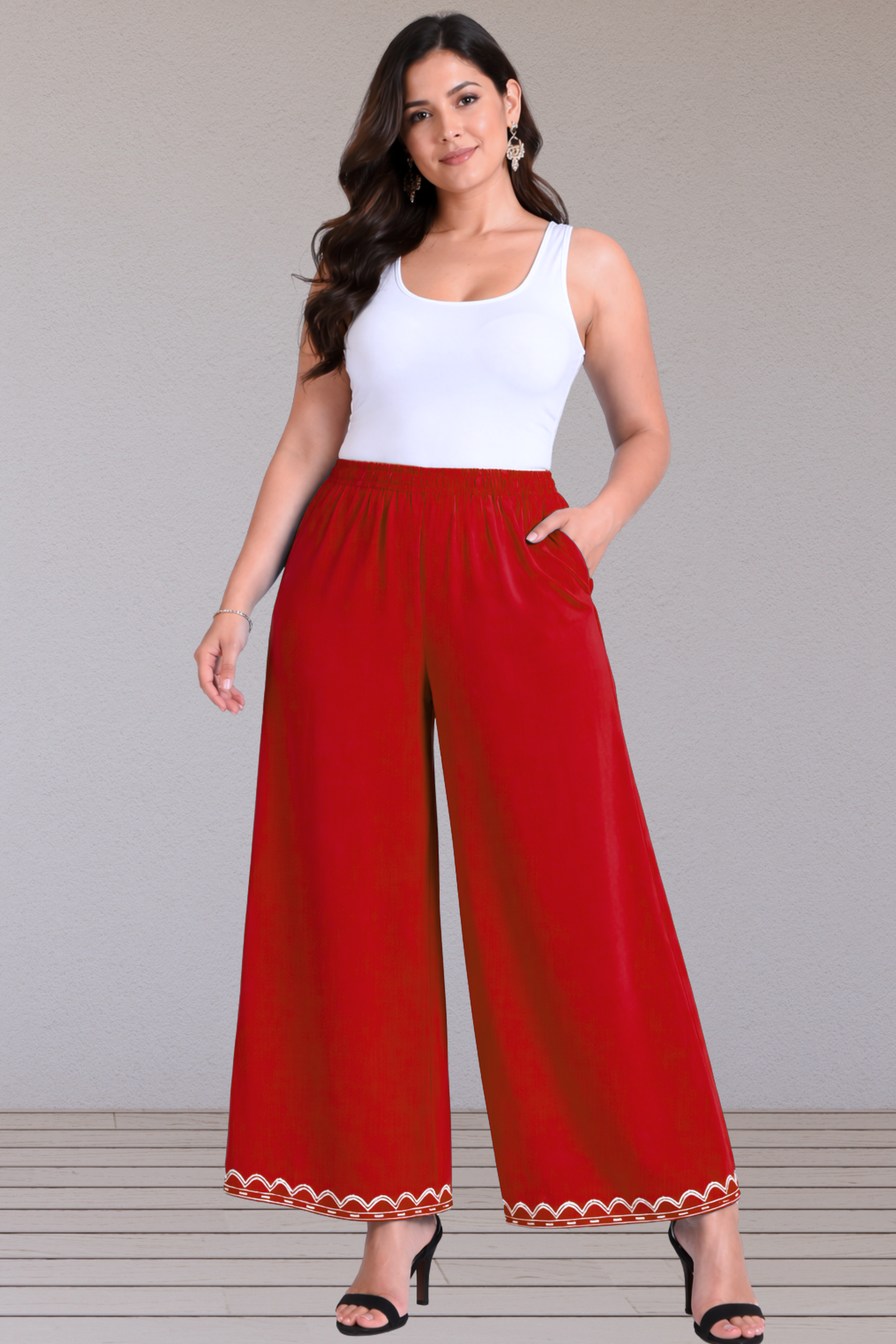 Detailed Red Rayon Palazzo