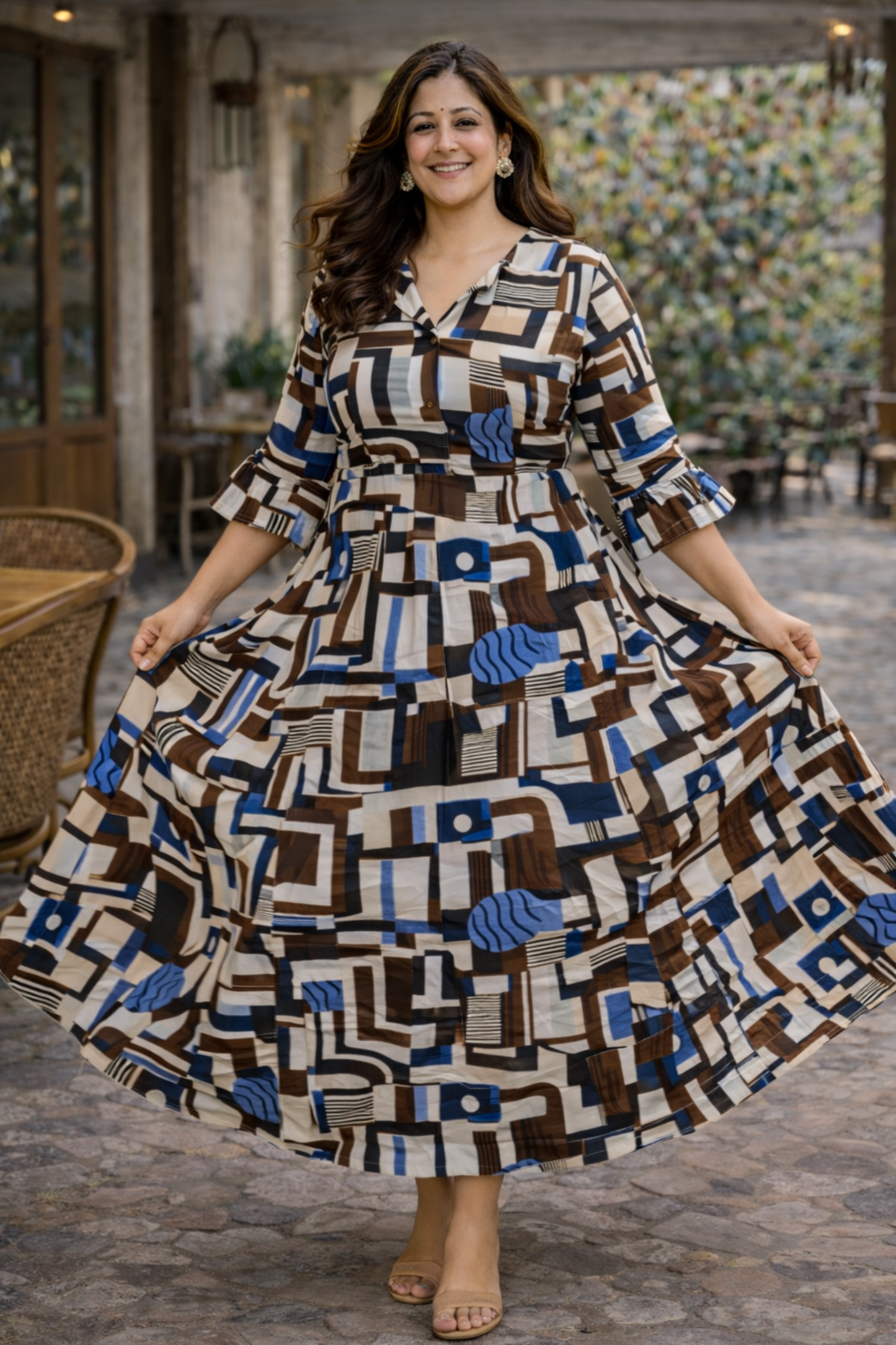 Indigo Mosaic Rayon Dress With Pockets