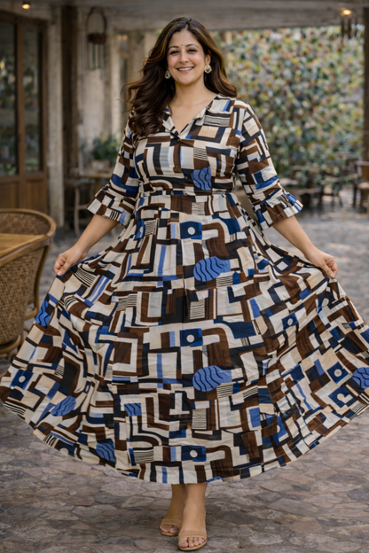 Indigo Mosaic Rayon Dress With Pockets