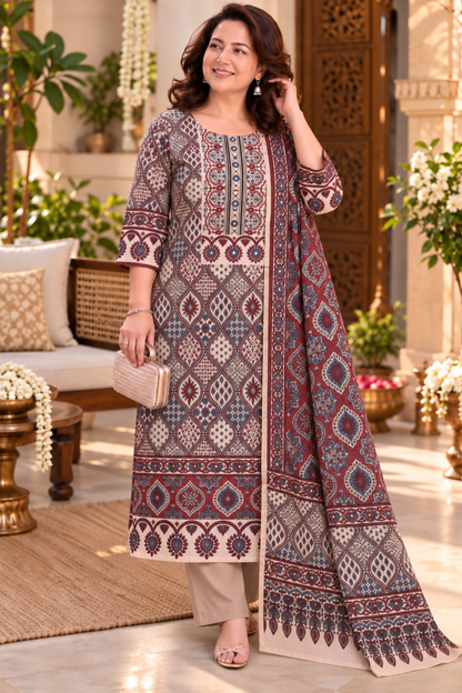 Dilara Peach Ajrakh Suit With Beads Highlights