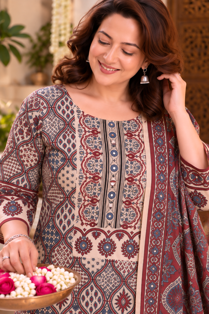 Dilara Peach Ajrakh Suit With Beads Highlights