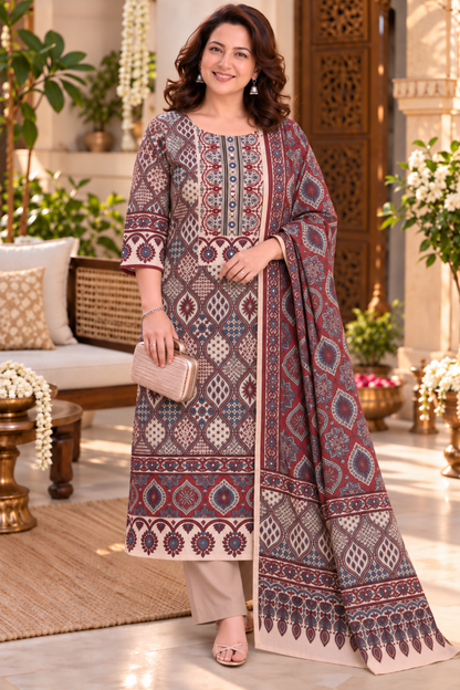Dilara Peach Ajrakh Suit With Beads Highlights