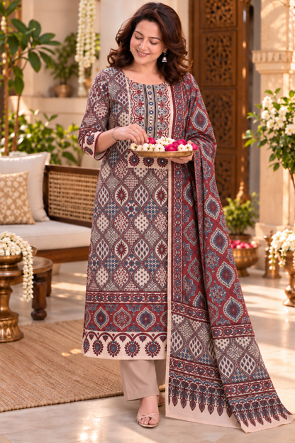 Dilara Peach Ajrakh Suit With Beads Highlights