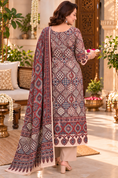 Dilara Peach Ajrakh Suit With Beads Highlights