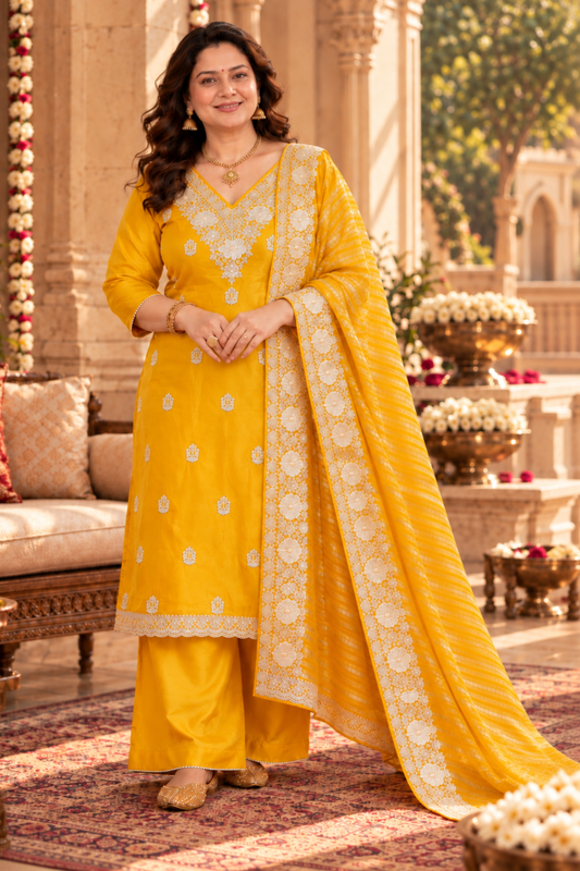 Divisha Yellow Suit Set With Zari Embroidery