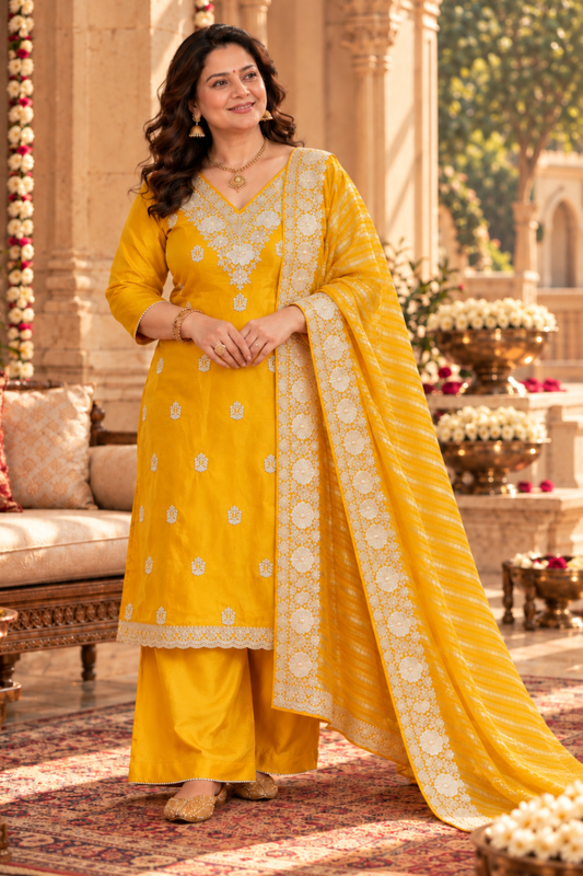 Divisha Yellow Suit Set With Zari Embroidery