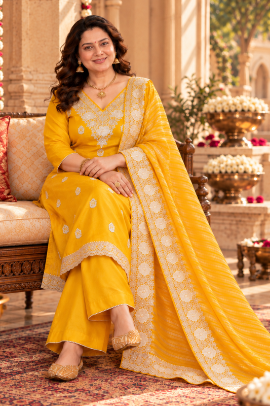 Divisha Yellow Suit Set With Zari Embroidery