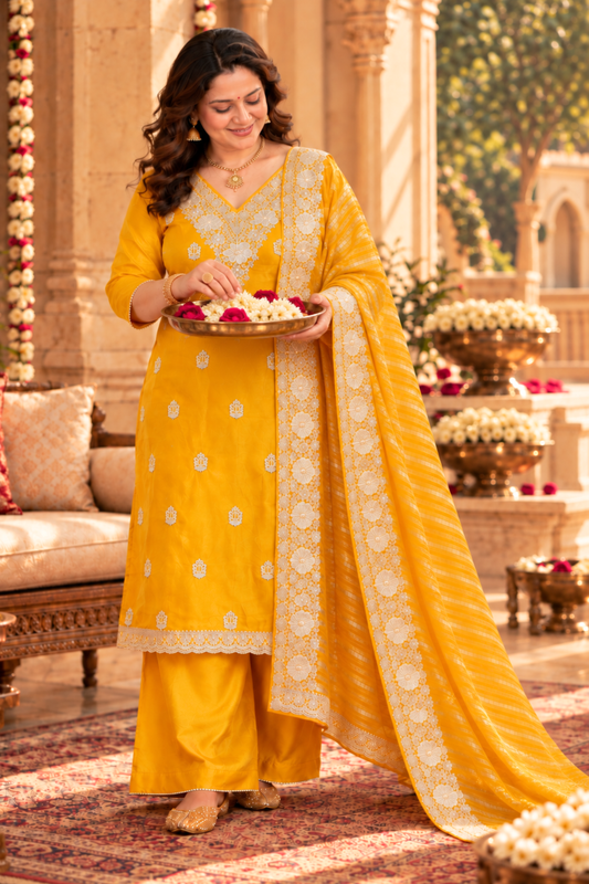 Divisha Yellow Suit Set With Zari Embroidery