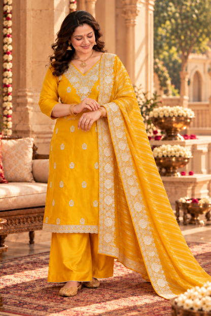 Divisha Yellow Suit Set With Zari Embroidery
