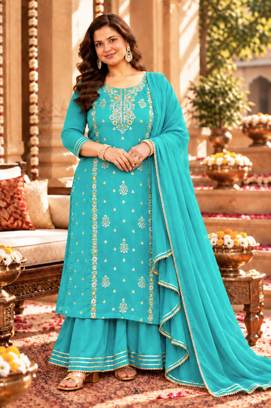 Dreamy Firozi Fancy Sharara Suit