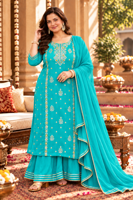 Dreamy Firozi Fancy Sharara Suit