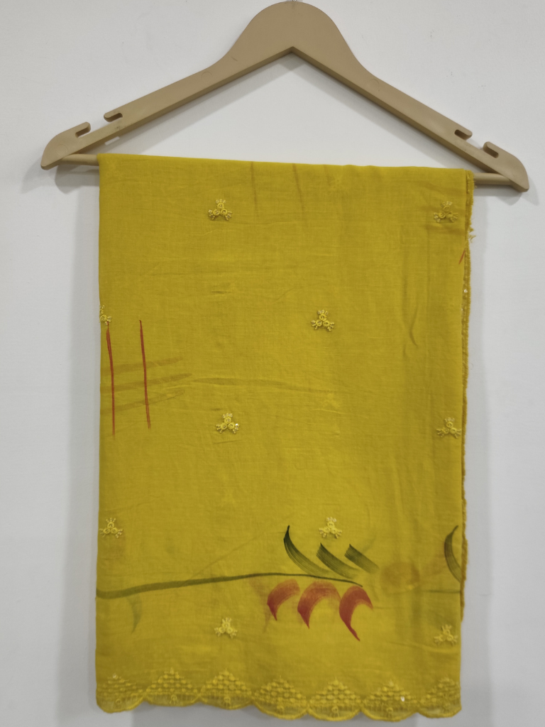 Yellow Hand Painted Mul Cotton Dupatta