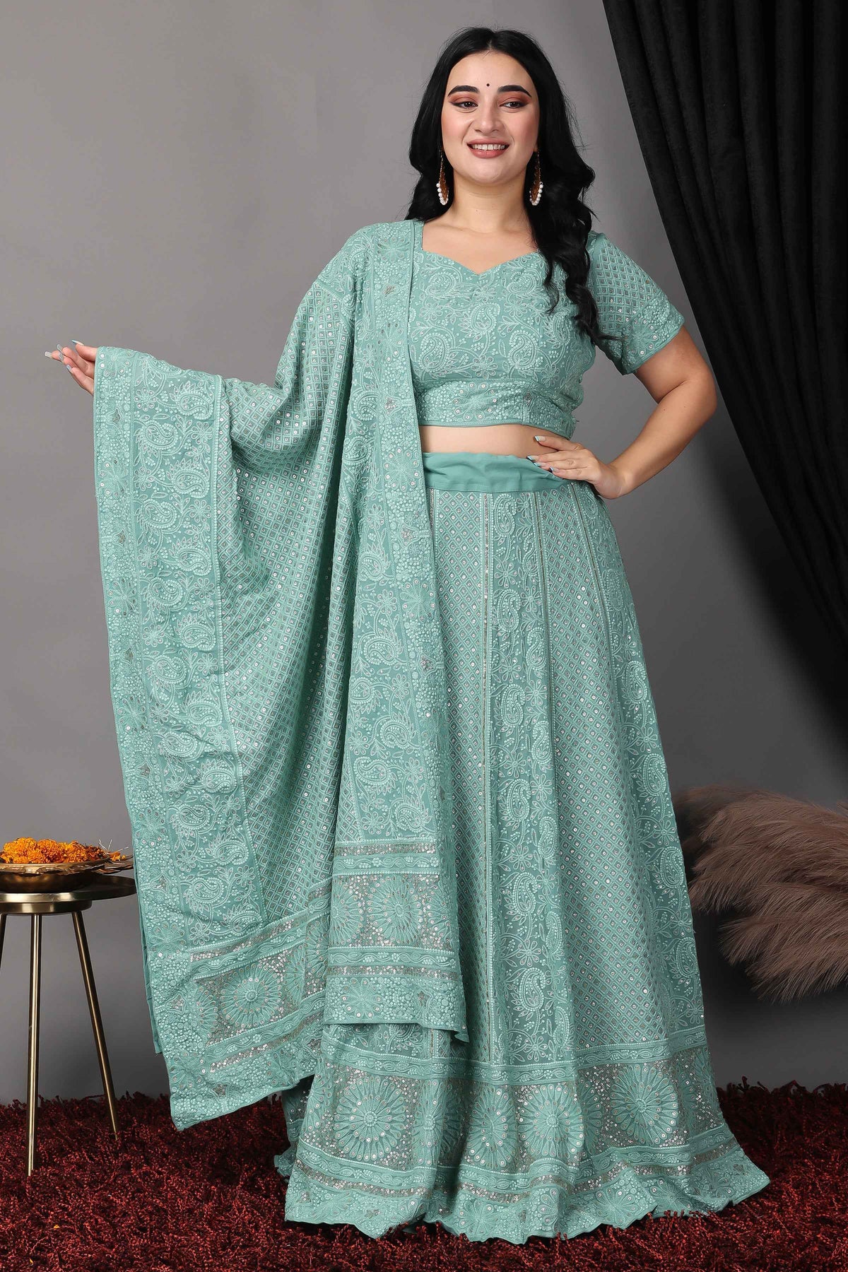 Buy Plus Size ​Sureeli Jhankaar Lucknowi Sequin Lehenga At Apella | Sizes XS to 10 XL | India | Free Delivery | Customized