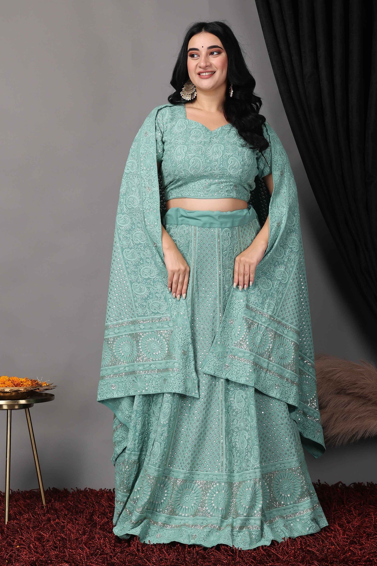 Buy Plus Size ​Sureeli Jhankaar Lucknowi Sequin Lehenga At Apella | Sizes XS to 10 XL | India | Free Delivery | Customized