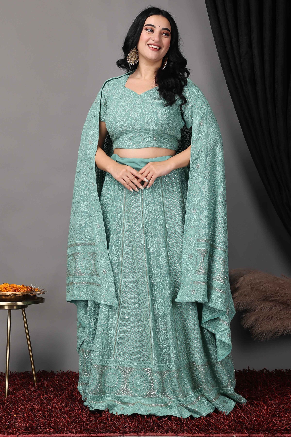 Buy Plus Size ​Sureeli Jhankaar Lucknowi Sequin Lehenga At Apella | Sizes XS to 10 XL | India | Free Delivery | Customized