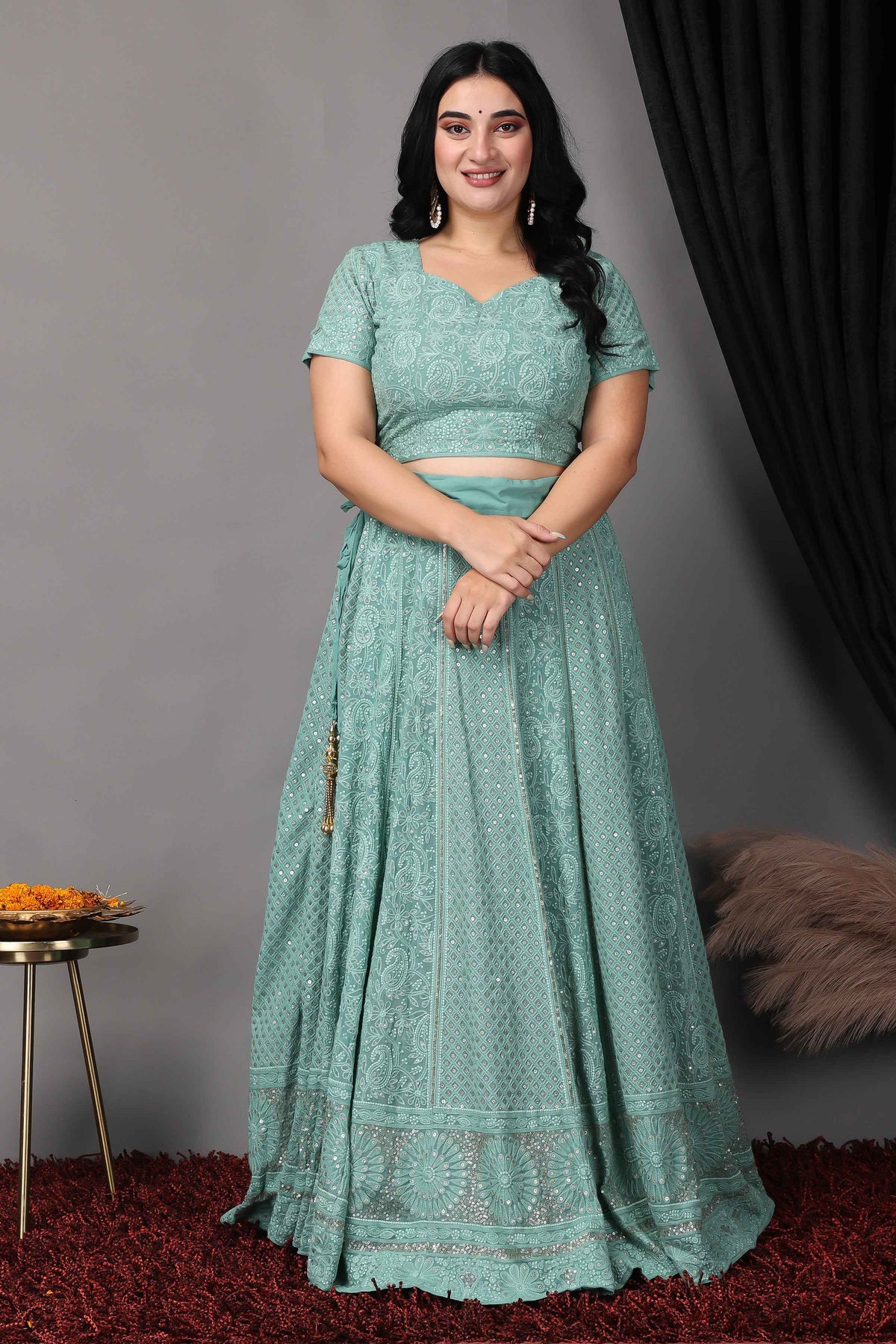 Buy Plus Size ​Sureeli Jhankaar Lucknowi Sequin Lehenga At Apella | Sizes XS to 10 XL | India | Free Delivery | Customized