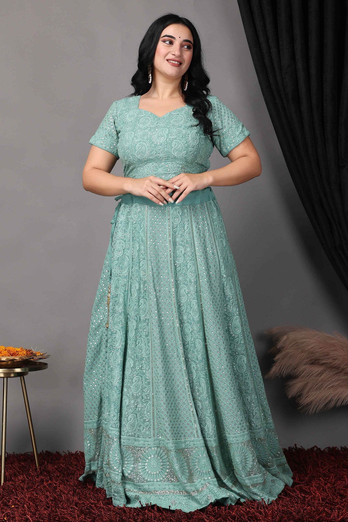 Buy Plus Size ​Sureeli Jhankaar Lucknowi Sequin Lehenga At Apella | Sizes XS to 10 XL | India | Free Delivery | Customized
