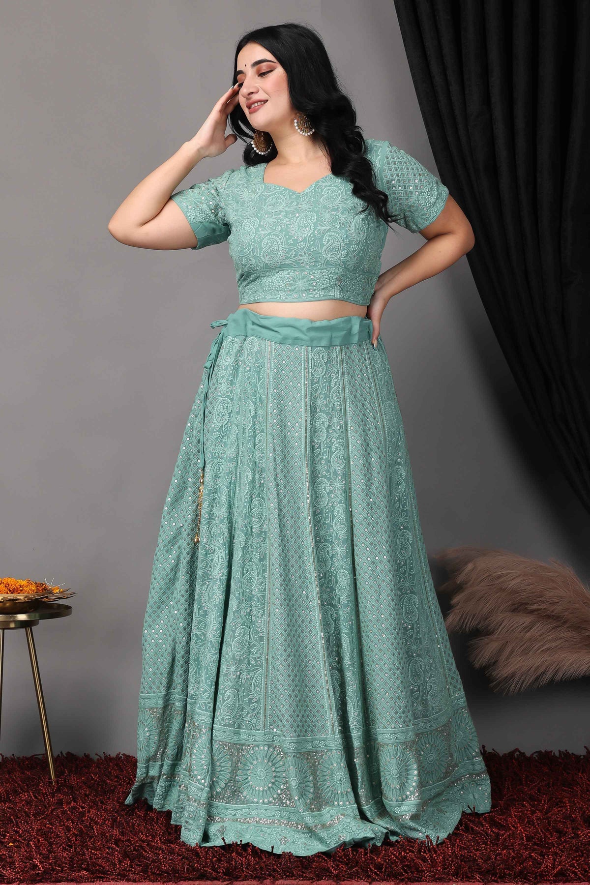 Buy Plus Size ​Sureeli Jhankaar Lucknowi Sequin Lehenga At Apella | Sizes XS to 10 XL | India | Free Delivery | Customized