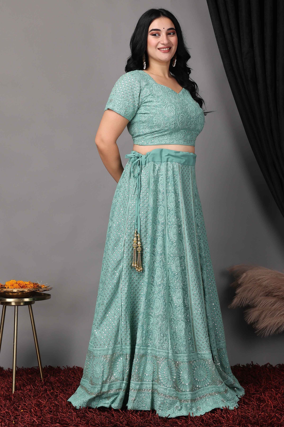 Buy Plus Size ​Sureeli Jhankaar Lucknowi Sequin Lehenga At Apella | Sizes XS to 10 XL | India | Free Delivery | Customized
