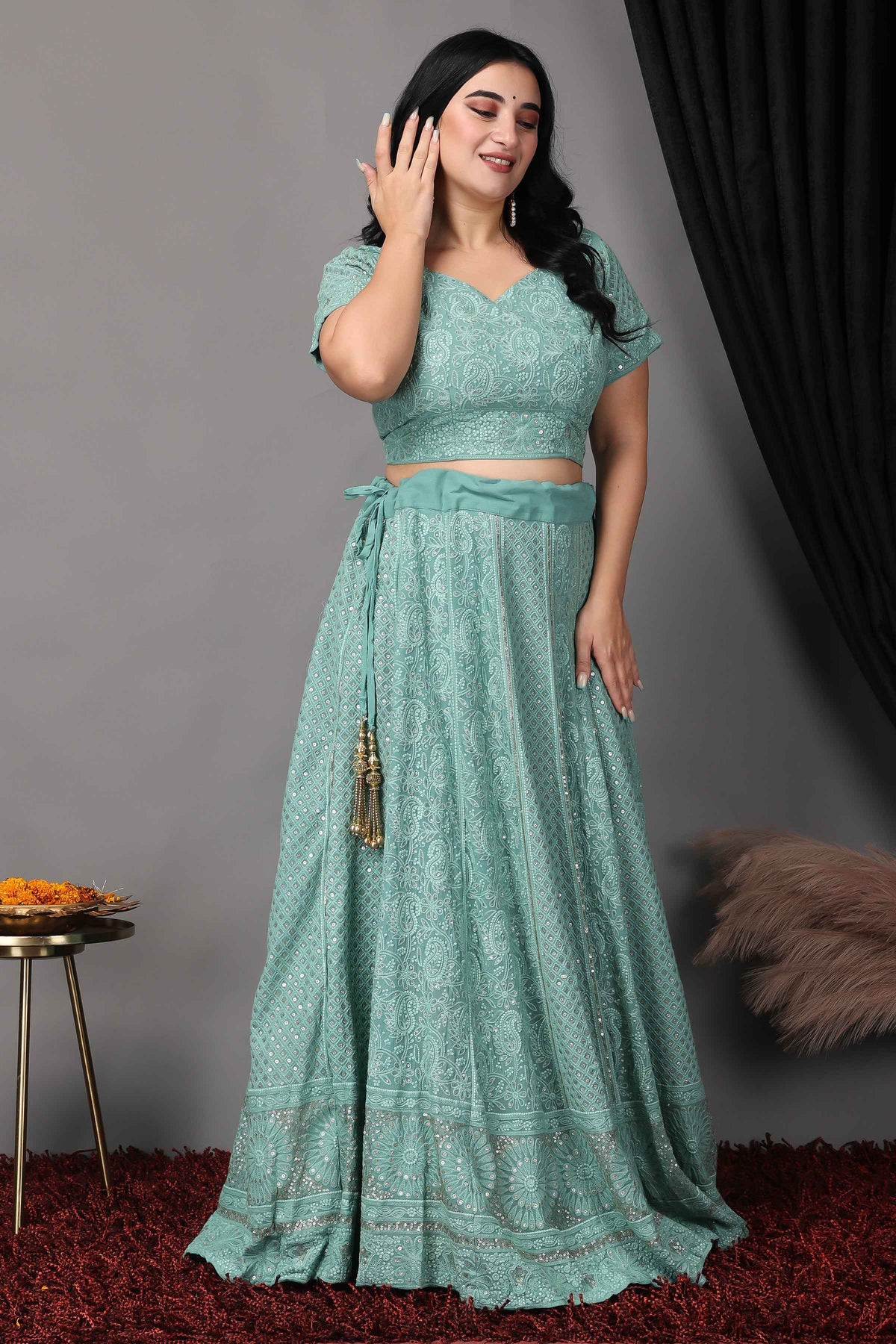Buy Plus Size ​Sureeli Jhankaar Lucknowi Sequin Lehenga At Apella | Sizes XS to 10 XL | India | Free Delivery | Customized